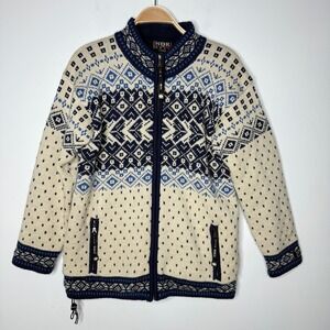 NORWEAR Nordic Fair Isle Wool Zip Up Sweater Jacket Cream Blue Large